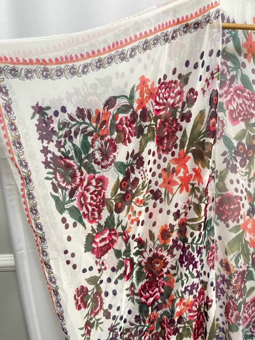 Sheer Floral Kimono Boho Duster Cover-Up in White with Pink & Green Flowers - Picture 2 of 5